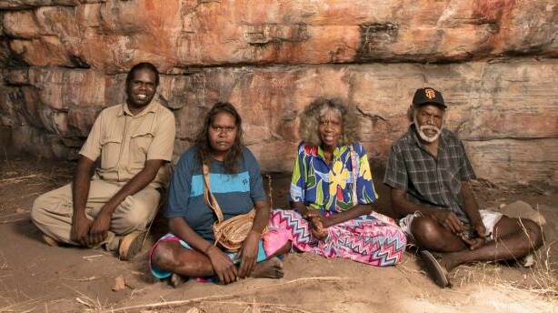 Traditional owners Simon Mudjandi, Rosie Mudjandi, May Nango and Mark Djanjomerr at the rock shelter. Photo: Glenn Campbell