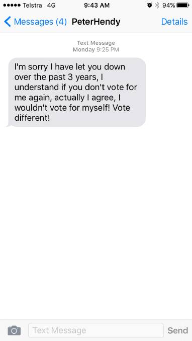 The text message received by many voters throughout Eden-Monaro, including the editor of the Bega, Merimbula, Eden and Bombala Fairfax newspapers.