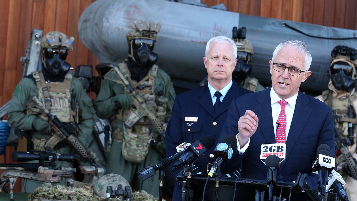 Prime Minister Malcolm Turnbull at Holsworthy Barracks with the Chief of Defence Mark Binskin announcing new counter terrorism measures with the ADF. Picture: Ben Rushton, Fairfax Media