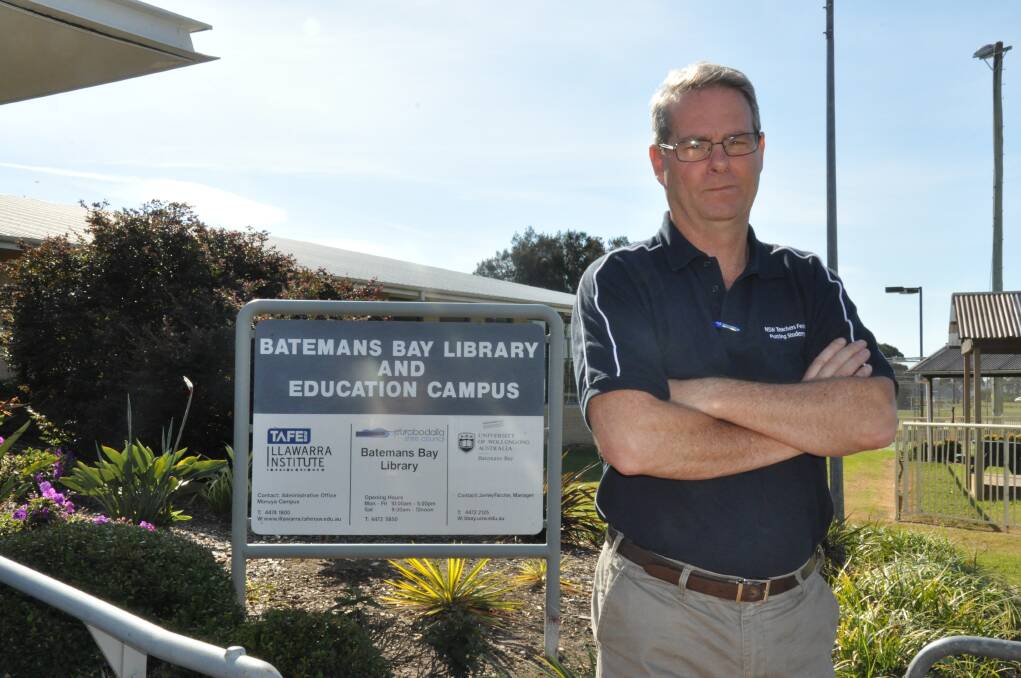 TAFE CUTS: Rob Long of the NSW Teachers Federation outside Batemans Bay Education Centre on Wednesday.