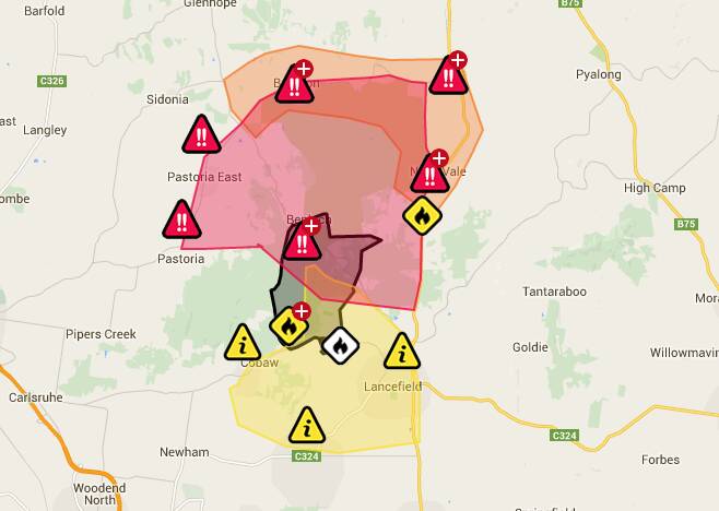 The warning areas at 12.25pm. Source: CFA