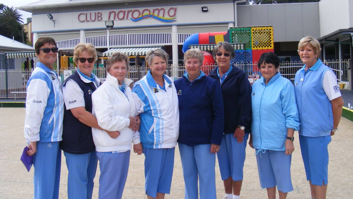 NAROOMA WOMEN: Runners up Gail Riley (skip), Gail Palmer, Denise Holman and Clare Cork congratulate the winners of the NWBC Fours Margaret Naylor, Sue Wales, Barbara McNamara and Dawn Kenny (skip). 