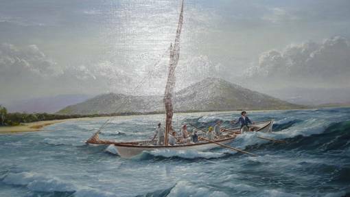 ROW BOAT: A painting of George Bass and crew. I.H. & LDMM. Photo from http://www.earlyaustralianadventures.com.au 