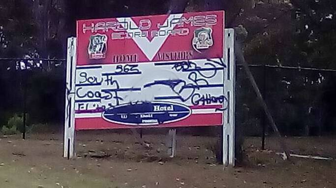 The new Harold James scoreboard  at Bill Smyth Oval was trashed with obscene graffiti overnight Thursday. Contact police with information. Image altered.