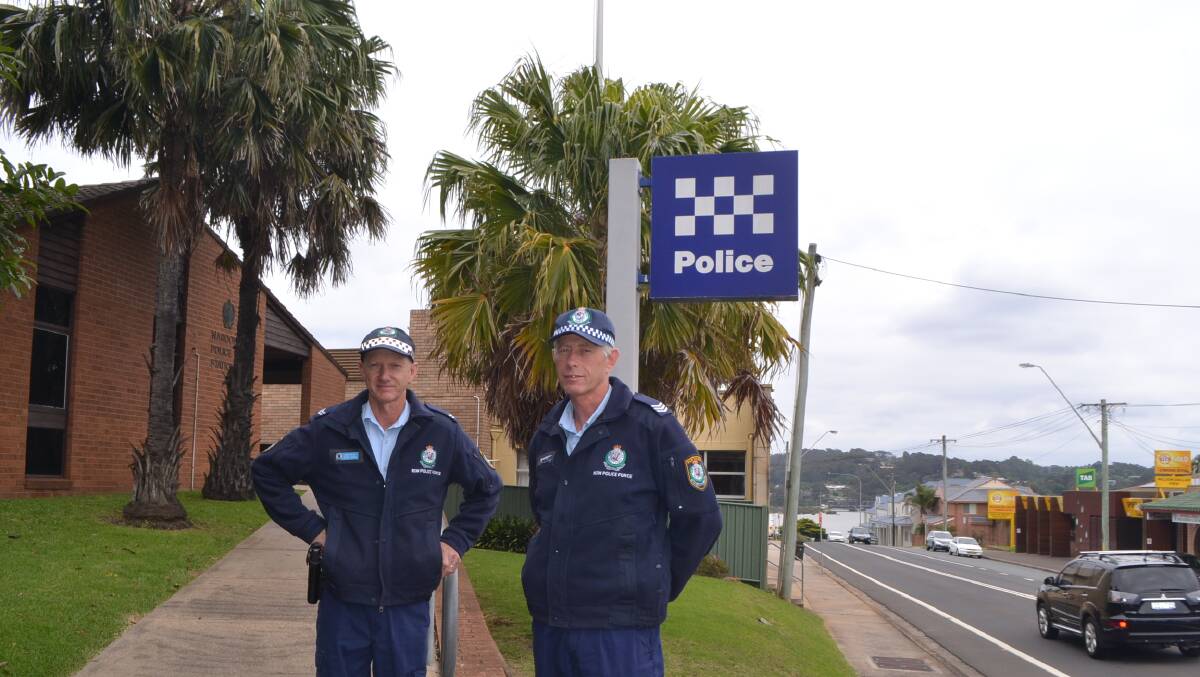 Far South Coast crime prevention officer Senior Constable David Bates and crime coordinator Sergeant Mick Macpherson at the Narooma police station.  