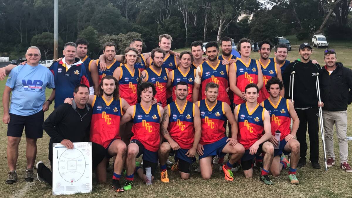 Pictured are the victorious Narooma AFL Lions team after the game against Pambula on Saturday. 