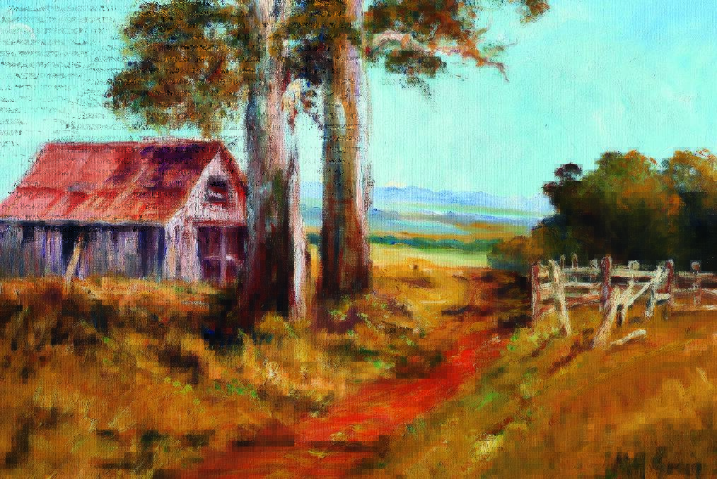 Margaret Greig's painting is called ‘Bushland’ and shows an unmistakeable bush scene with an old shed, gum trees and a tumbling down fence with the misty hills beyond. 