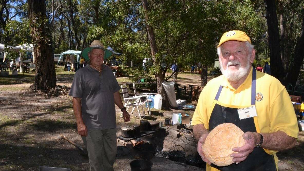 DAMPER COOKS: Turning out damper after damper during the 2013 Heritage Day were Montreal Goldfield volunteers Don Goodridge and Bill Shaw.
