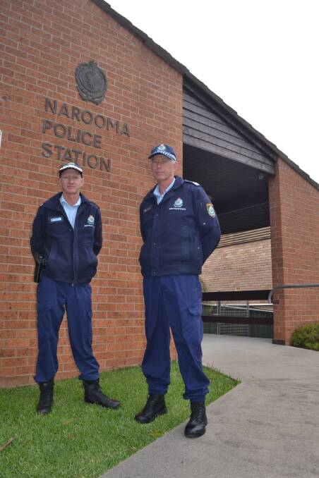 Far South Coast crime prevention officer Senior Constable David Bates and crime coordinator Sergeant Mick Macpherson at the Narooma police station.  