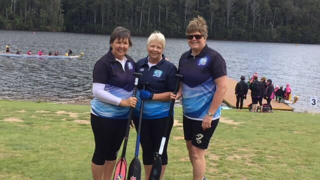 LOCAL PADDLERS: The three Narooma Blue Water Dragon paddlers competing in the Australian Masters Games in late October are Heather McMillan, Jenny Troy and Allison Steele. 