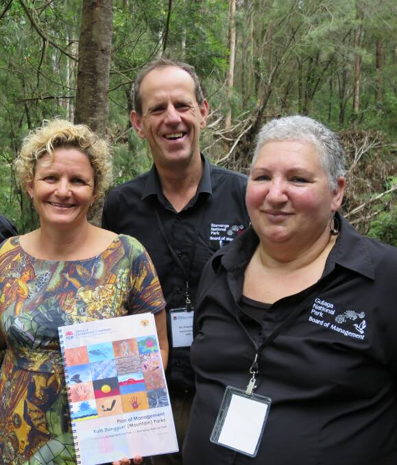At the launch are former NPWS staff member Carla Rogers, NPWS regional manager Tim Shepherd and Gulaga Board of Management chairwoman Iris White. Photo Laurelle Pacey 