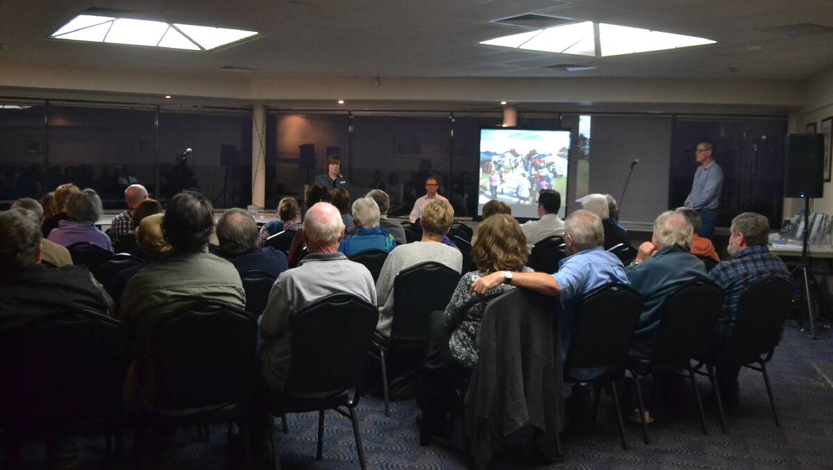 Eurobodalla Shire Council general manager Dr Catherine Dale opens the community meeting at the Narooma Golf Club. 
