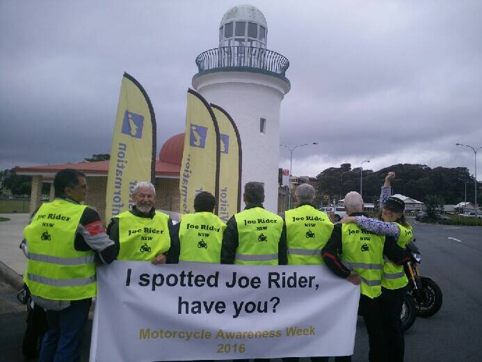 “Joe Riders” and members of Ulysses Motorcycle Club (l-r) Robert Overdyk, Frank Pace, Doug Pearson, Noel Andrews, David Lovie, and Peter Hemming will be with Council’s road safety officer Heidi Hanes at locations throughout Eurobodalla this week to promote motorcycle safety.  