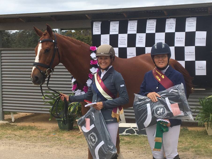 Elsa Dawson of Narooma (left) rode Hooley Dooley to take the Champion Sash in the Preliminary Division at the Far South Coast Dressage Association Championships at Cobargo on Sunday, while Jo Freebody took home Preliminary Reserve Champion. 