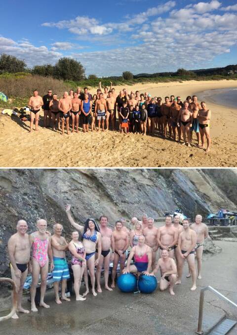 At the top are the Narooma Numnutz and their guests on their 10th anniversary swim at Bar Beach on Sunday, while down below are the Bermagui Blue Balls at the visiting Whales at the Blue Pool on Saturday. 
