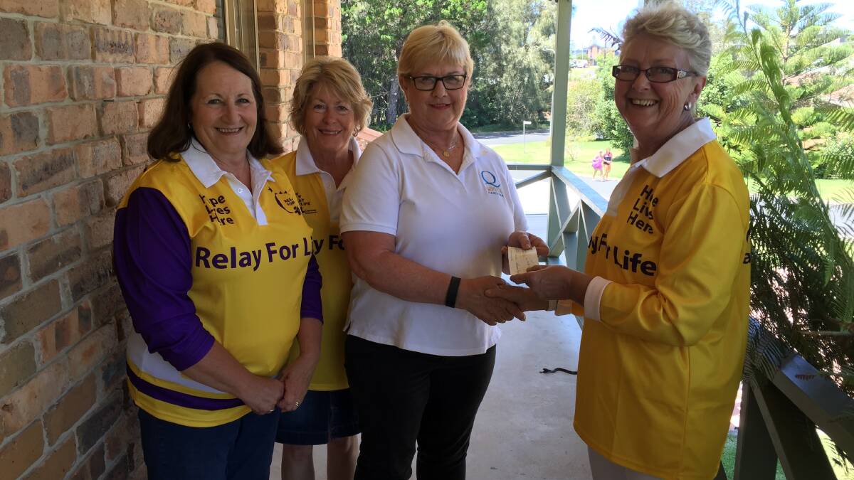 Narooma Quota President Bronwyn Roll (centre) presents Catering team coordinator Jane Rowley and members Di Reid and Christine Williams with a cheque for $300.00 to assist with catering at the Eurobodalla Relay for Life Event in March 2017. 