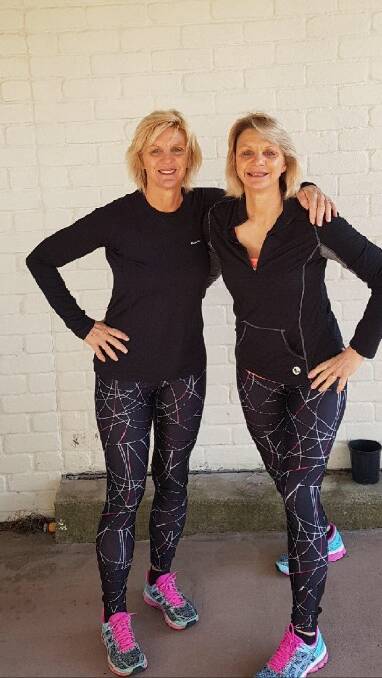 Narooma Community Aquatics fitness class instructor Nancy Casu (right) and her twin sister Beverley Burke from Florida, USA.