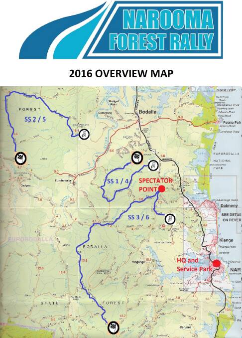 The 2016 event overview map including the race route and designated spectator point.  