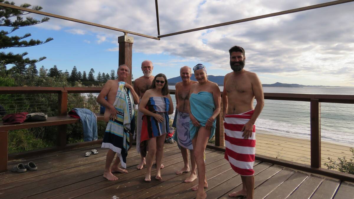 Thankfully the correct number of towels were supplied for the Bermagui Blue Balls winters swimmers' post-swim photo. From the left, One Cheek Howard, R1, Twinkle Toes Elizabeth, R2, Legs Eleven Maggie and Mustafa McKee. 