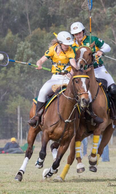 SADDLE AND STICK: Bodalla's Farann Mathie (front) playing polocrosse in South Africa for the Australian Under 21s