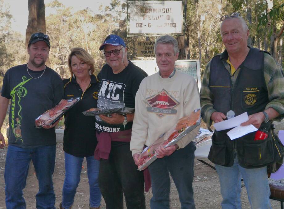 C GRADE WINNERS: Dale Allison, Pat Tennant and Daryl Newman receiving their prizes from sponsors Shirl and Nev Brady.