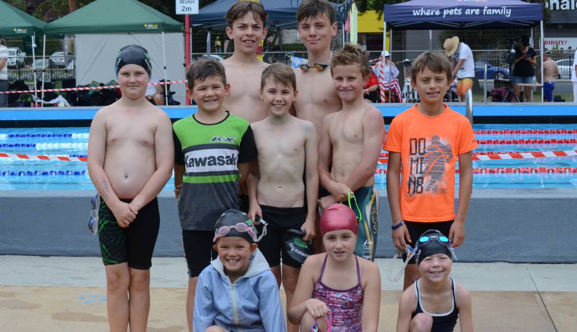 BAY SWIMMERS: Front row (L-R) is Sophie Eppelstun, Lara Elliott and Bailey Waterworth. Middle row (L-R) is Lachlan Burnell, Bill Eppelstun, Riley Bebe, Sam Blake and Mitchell Williams. Back row (L-R) is Jacob Barbara and Ben Fish.