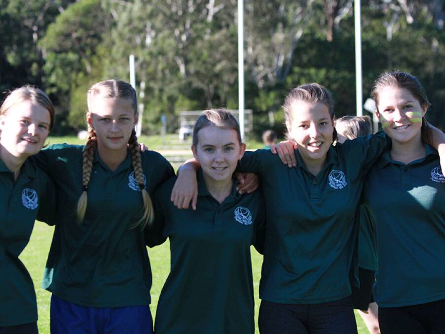 ARM IN ARM: Katelyn Czubara, Grace Gowing, Elise Dixon, Libby Cunningham, Chelsea Ker at the Narooma High School athletics carnival.