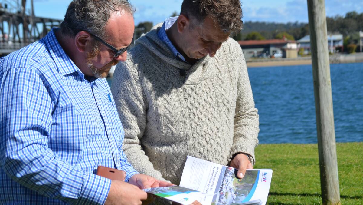 NEW ROUTE: Aristotle Stavros and Member for Bega Andrew Constance look at the preferred route for the new Batemans Bay Bridge.