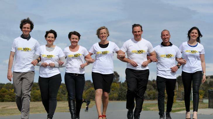 ACT Chief Minister Katy Gallagher, centre, officially launched the CBR 100 Challenge at Stromlo Forest Park with event ambassadors, from left, Tom Brazier, Amanda Whitely, Kimberlee King, Tony Stubbs, Nick A'Hern and Kate Freeman. Photo: Graham Tidy
