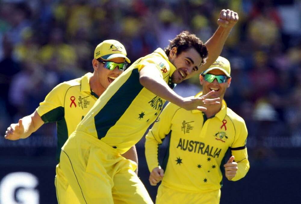 Australia's Mitchell Starc claims the scalp of New Zealand captain Brendon McCullum during the World Cup final on Sunday.  Photo: Brandon Malaone