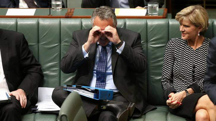 Treasurer Joe Hockey gestures when Fuelwatch is mentioned during Question Time on Monday. Photo: Alex Ellinghausen