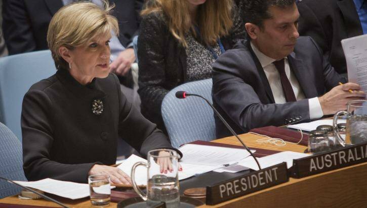 In the hot seat: Foreign Minister Julie Bishop speaks during a meeting of the UN Security Council in New York on Wednesday.