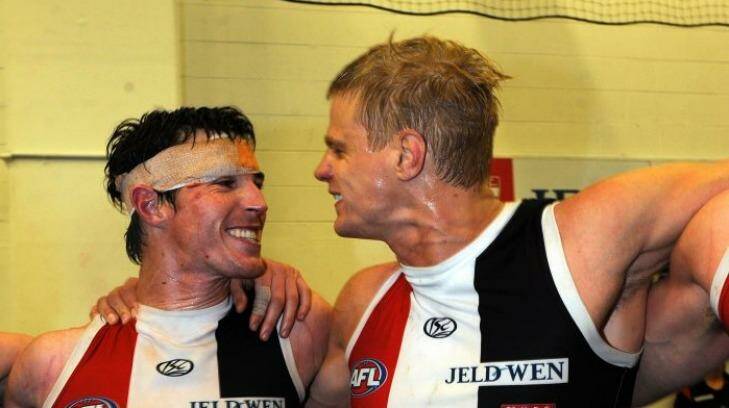 Lenny Hayes and Nick Riewoldt celebrate a victory over Geelong during the 2010 finals series. Photo: Pat Scala