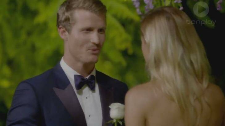 <i>The Bachelor</I> Richie Strahan gave his special white rose to single mother, Alex. Photo: Ten