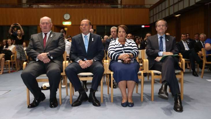 Prime Minister Tony Abbott joined the Governor-General Sir Peter Cosgrove, Lady Lynne Cosgrove and Opposition Leader Bill Shorten at an event to campaign against domestic violence. Photo: Andrew Meares