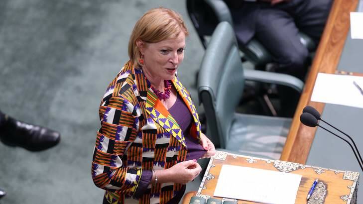 Labor MP Julie Owens proudly displays he clothing made by four Australian designers prior to Question Time on Monday. Photo: Andrew Meares