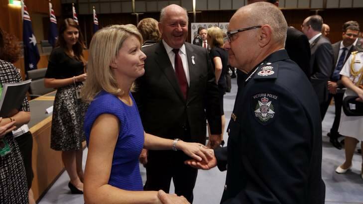 Natasha Stott-Despoja,  Ambassador for Women and Girls, Governor-General Sir Peter Cosgrove and Victorian Police Commissioner Ken Lay at Parliament House on Monday. Photo: Andrew Meares