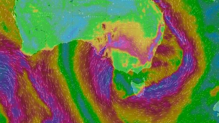 A map showing the strong winds circling south-eastern Australia that smashed into Adelaide on Thursday. Photo: Supplied/Windy.tv