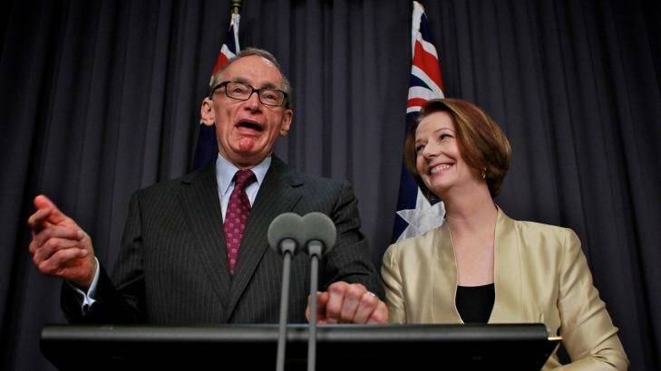 Happier times: then prime minister Julia Gillard announces former NSW premier Bob Carr as her foreign minister in March 2012. Mr Carr switched his allegiance to Kevin Rudd before the 2013 federal election. Photo: Andrew Meares