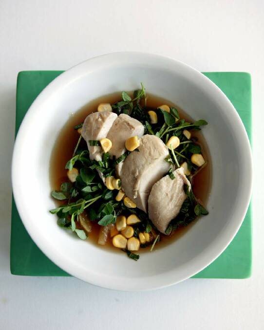 Luke Mangan's poached chicken with mint and corn <a href="http://www.goodfood.com.au/good-food/cook/recipe/poached-chicken-with-mint-and-corn-20131220-2zoyn.html"><b>(recipe here).</b></a>