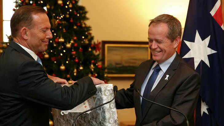 Prime Minister Tony Abbott and Opposition leader Bill Shorten share a joke during the launch of the Prime Minister'??s Christmas Tree on Monday. Photo: Alex Ellinghausen