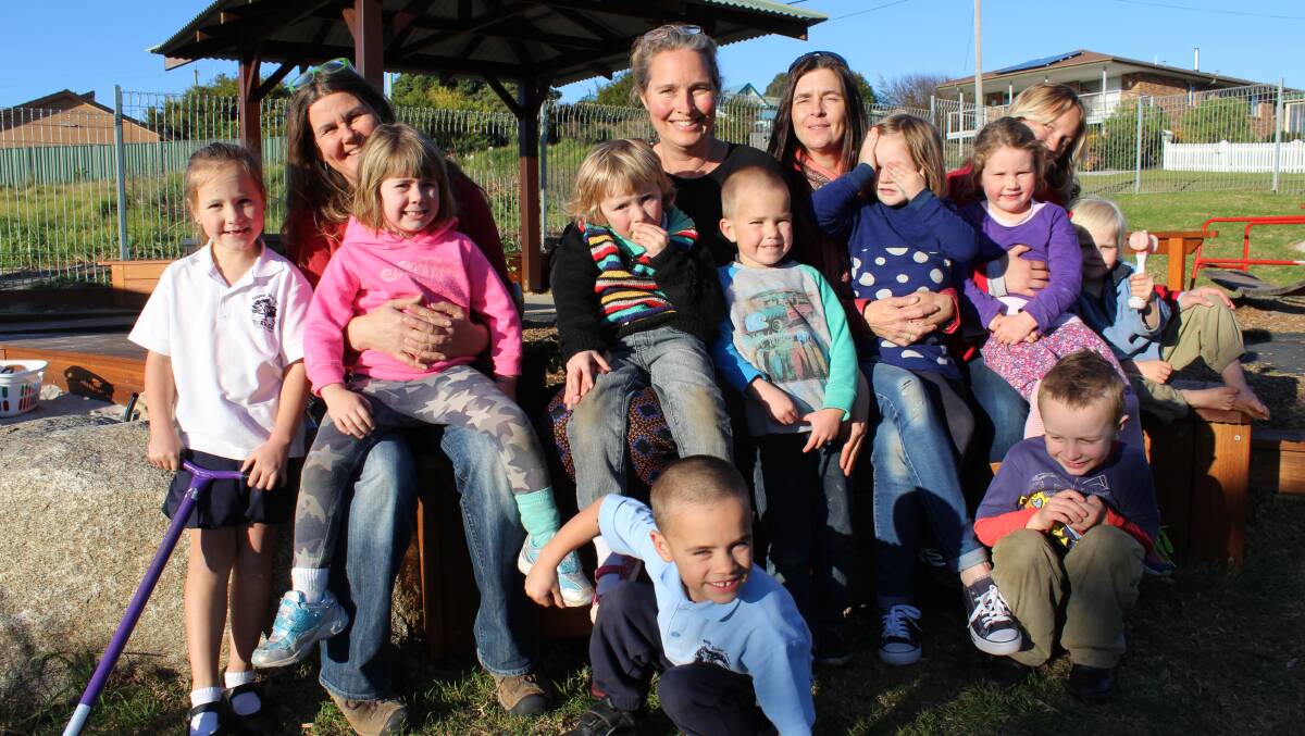 Pupils at the opening of Bermagui Preschool’s new playground are (from left) Annabel Sunderland, educator Nicole Brown, Eva Gilham, Rita Hanlon, Ned Sunderland, Mack Sunderland, director/teacher Narelle Myers, educator Kylie Cole, Sophie Whalan, Lucy Glasson, educator Miriam Schuessler, Oxley Wilson-Starr and Wyatt Lambourn.