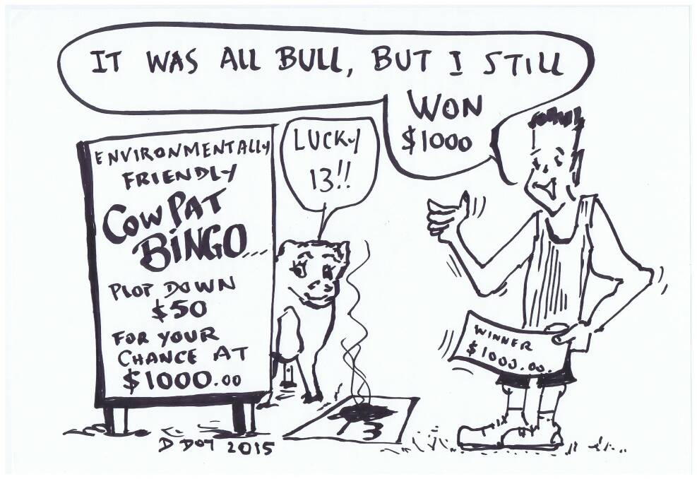 ALL BULL: D. Dot our cartoonist has a go at the Narooma AFL Lions cow pat bingo fundrasier. 
