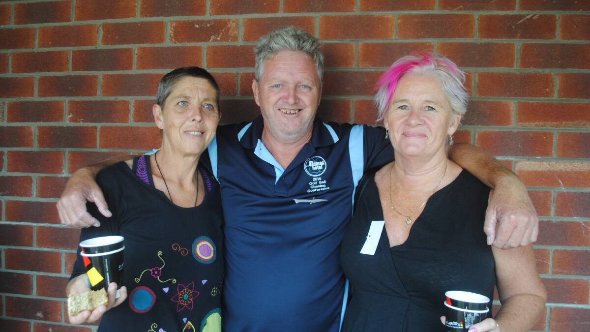 COFFEE: Donna Loudoun, Kevin Hayward and Christine Selman nee Gardner bell at the Narooma Public School 125th anniversary celebrations on Saturday.