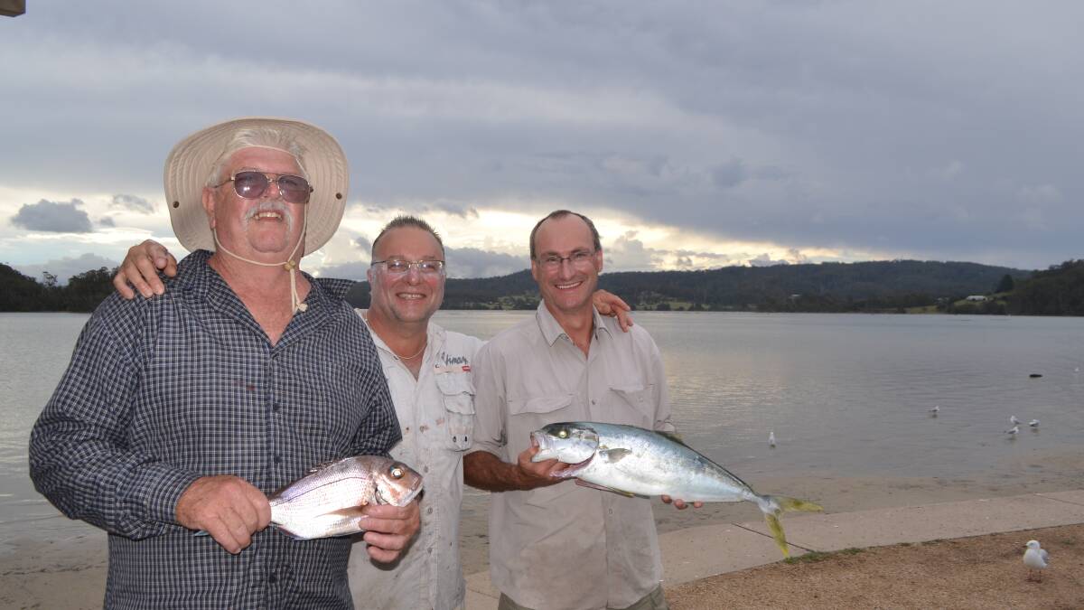 NOWRA FISHERS: John Nelson with a snapper, Rolf Wick and Stephen Fornasier with a kingfish after weighing them at the NSGFC on Saturday evening. 