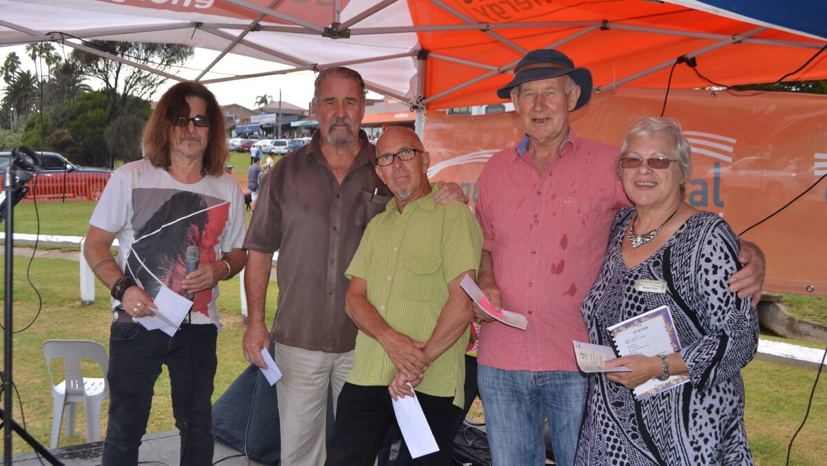 LIVE POETS: The Live Poets Society at the Bermagui Seaside Fair were Robin Macpherson, Geoffrey Giuffre, Len Morris and Margot Ryan with MC Tony Jaggers. Missing is Live Poet Barry Lake.
 