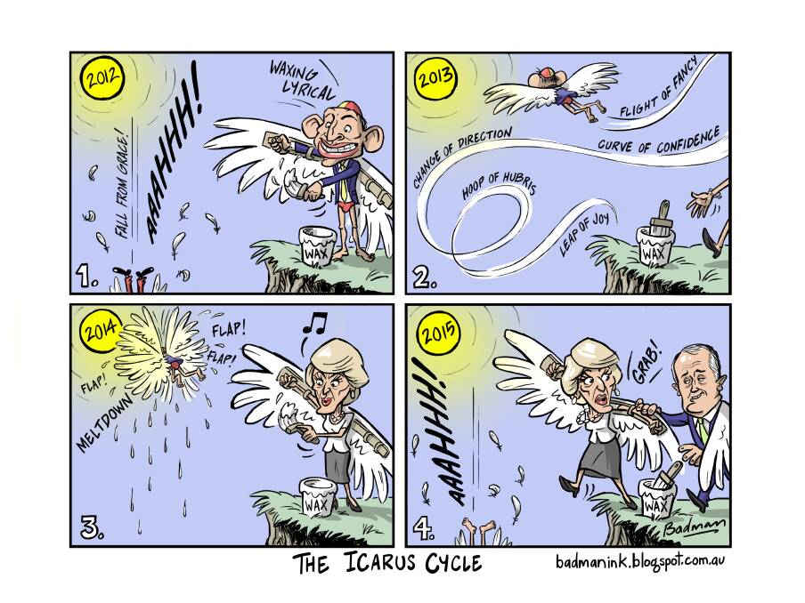 THE ICARUS CYCLE: Another great political cartoon from our cartoonist Mike Badman.