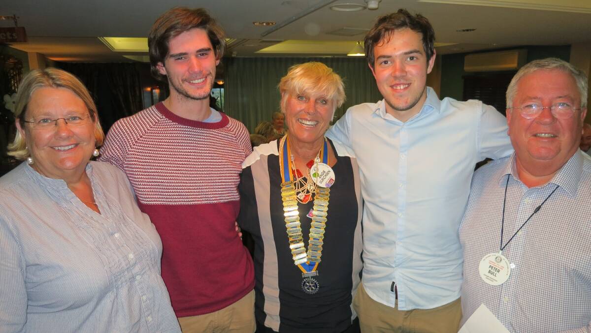 ROTARY SCHOLARS: At Narooma Rotary’s Tertiary Scholarship night last week was Rotarian Charmaine White, left, 2014 Scholarship holder Connor Ross, President Angie Ulrichsen, 2015 Scholarship holder Carl McEvoy, and Rotarian Peter Bull who is counsellor for 2013 Scholarship holder Maia Zucco. 