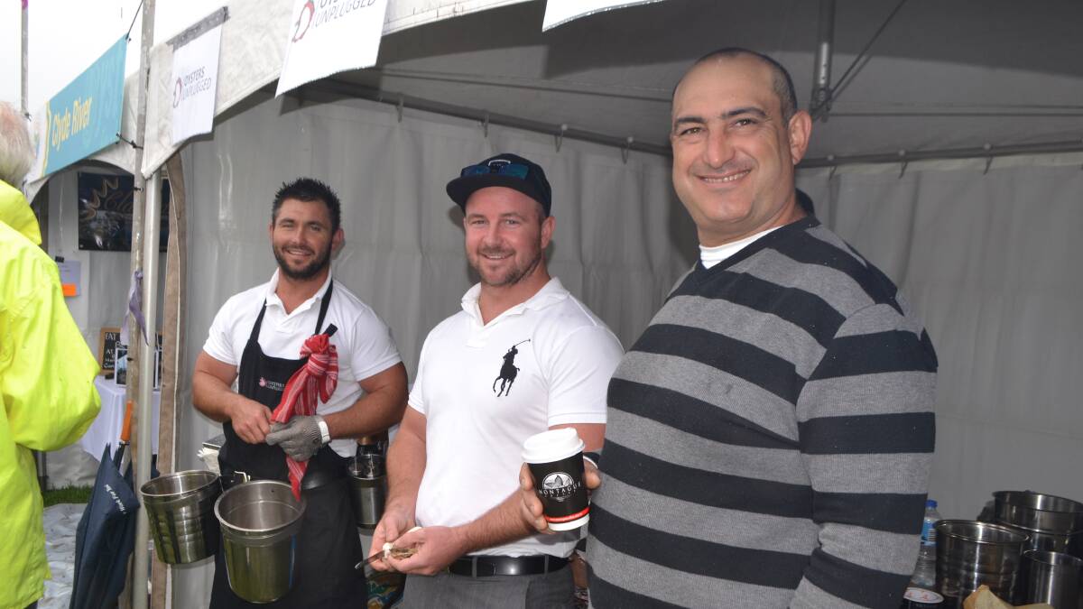 SHUCKING LEGEND: Narooma Oyster Festival NSW Farmers oyster shucking competition was won by Batemans Bay oyster farmer Jim Yiannaros, for the second year running and his pictured warming up with Ben and John Ralston. Photo Stan Gorton 