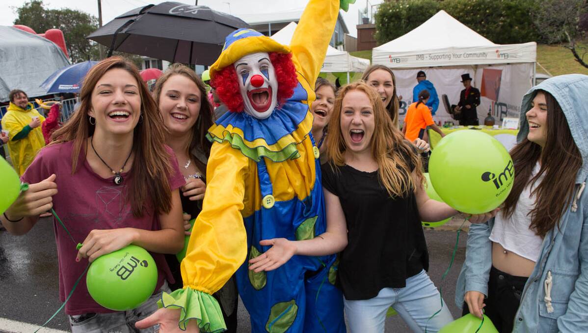 MILO THE CLOWN: Milo the clown had lots of fun with the crowd at the Narooma Oyster Festival. Photo Toby Whitelaw